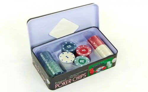 Настольная игра - Настільна гра Фішки для покеру 100 фішок з номіналом у металевій коробці (Poker Chips)